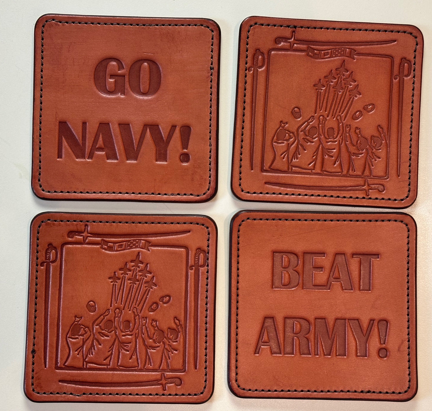 Annapolis Coaster Set - Brown Leather, Brown Thread