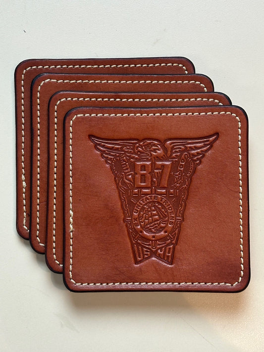 1987 Coaster Set (4) - Brown Leather, Amber Thread