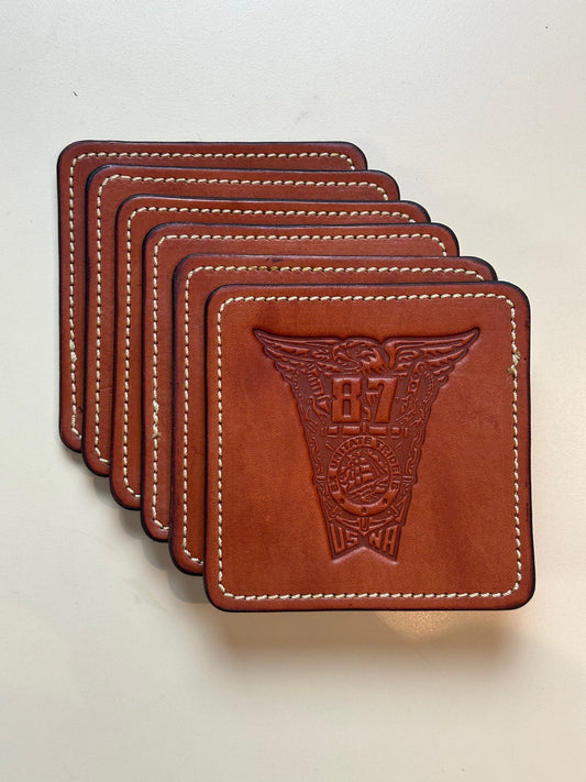 Class of 1987 Coaster Set (6) - Brown Leather, Amber Thread