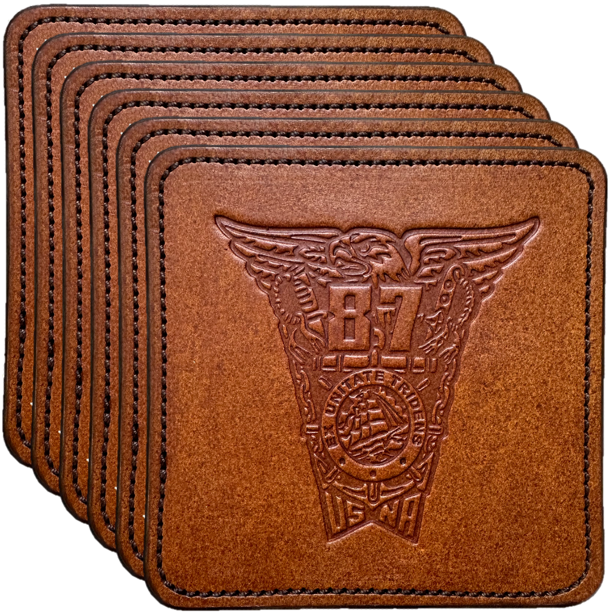 Class of 1987 Coaster Set (6) - Brown Leather, Brown Thread