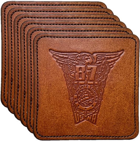 Class of 1987 Coaster Set (6) - Brown Leather, Brown Thread
